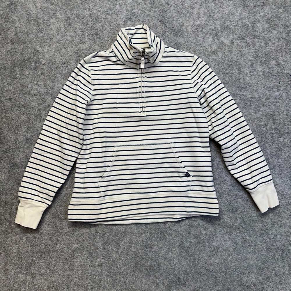 LL Bean Quarter Zip Pullover Women Small Petite White Navy Striped